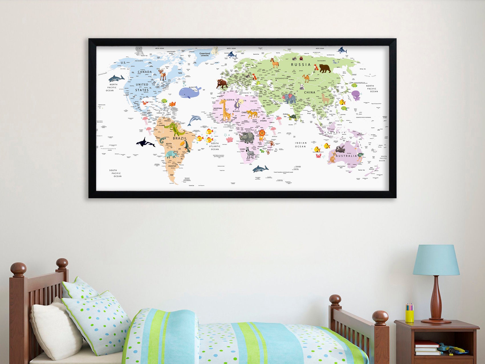 Kids World Map Canvas Animal World Map Decor Nursery World Map Art ...
