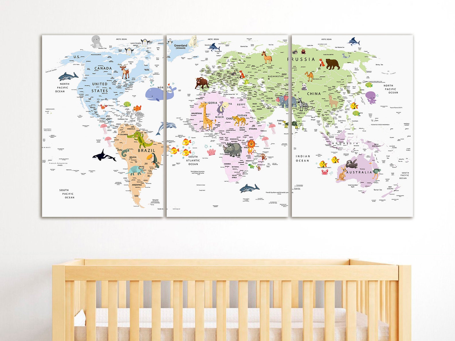 Kids World Map Canvas Animal World Map Decor Nursery World Map Art ...