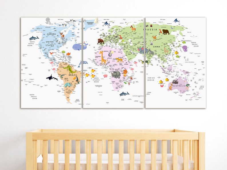 Kids World Map Canvas Animal World Map Decor Nursery World Map Art ...