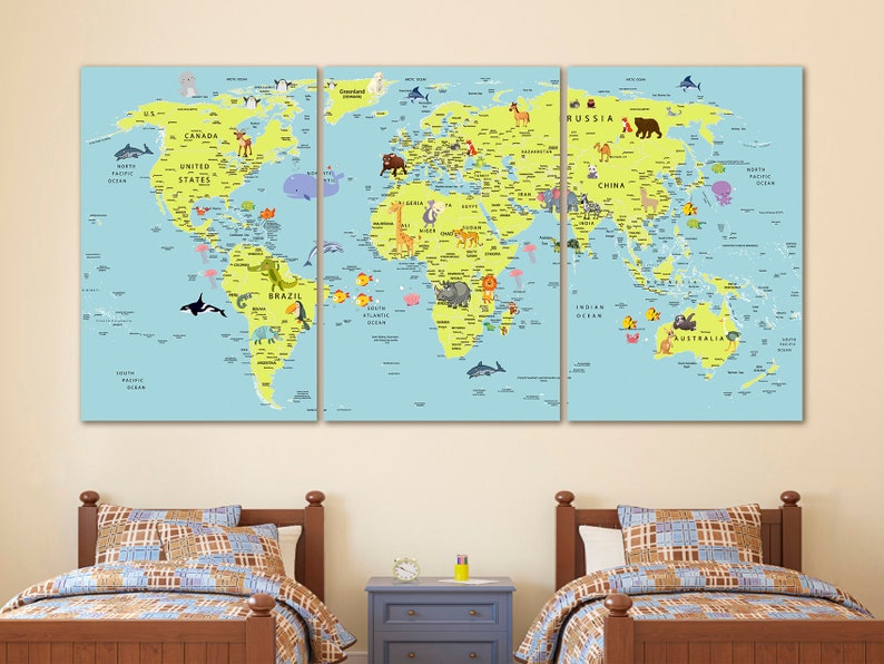Kids World Map Canvas Animal World Map Decor Nursery World Map Art ...