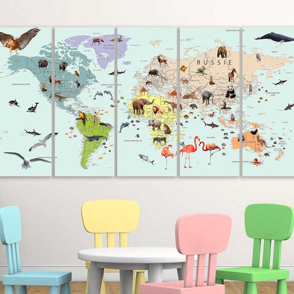 Kids World Map in FRENCH World map canvas Carte du monde en français Animal world map decor Nursery world map Continent art Large world map