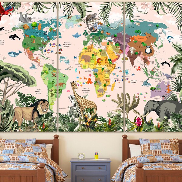 Nursery world map canvas Playroom map decor Kinderweltkarte Childrens map art Kid bedroom print Animal art Travel canvas Large world map