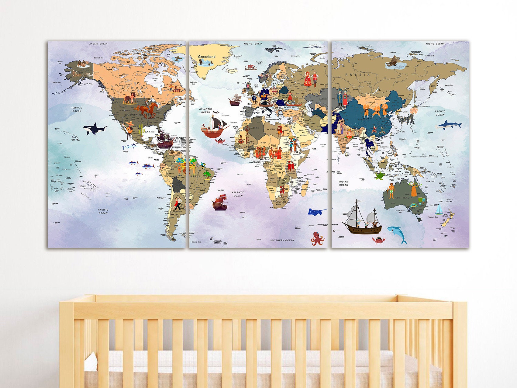 Colorful World Map Canvas Decor Kids Room Decor Nursery Wall Art Map of ...