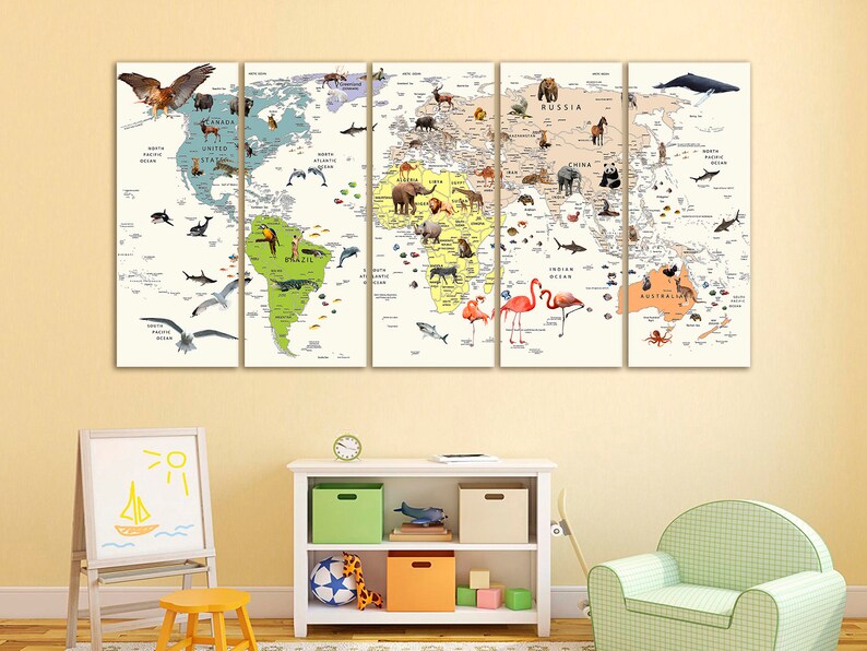 Kids World Map Canvas Animal World Map Decor Nursery World Map Art ...