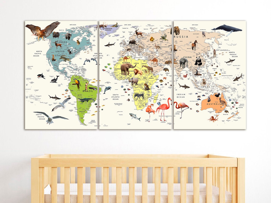 Kids World Map Canvas Animal World Map Decor Nursery World Map Art ...