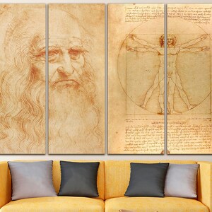 May include: A sepia-toned multi-panel canvas print featuring a drawing of Leonardo da Vinci's self-portrait and a detailed anatomical drawing of a man in a circle.