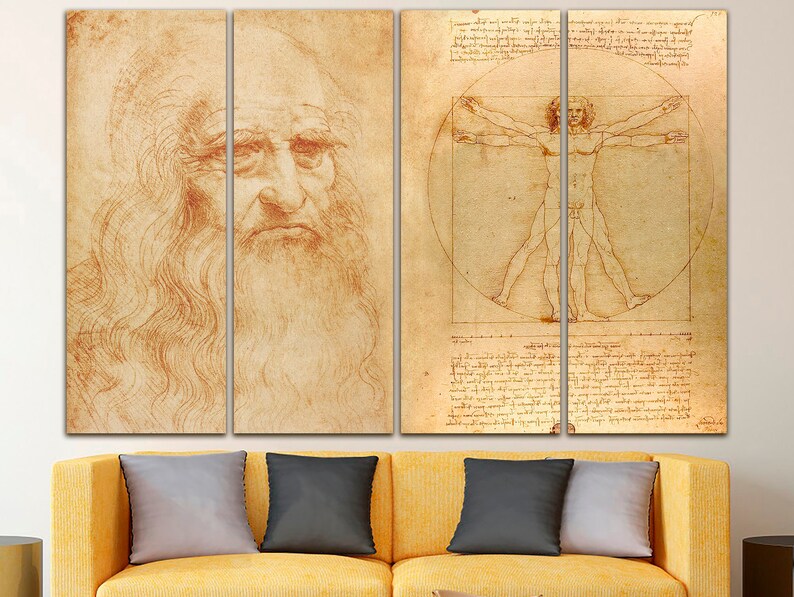 May include: A sepia-toned multi-panel canvas print featuring a drawing of Leonardo da Vinci's self-portrait and a detailed anatomical drawing of a man in a circle.