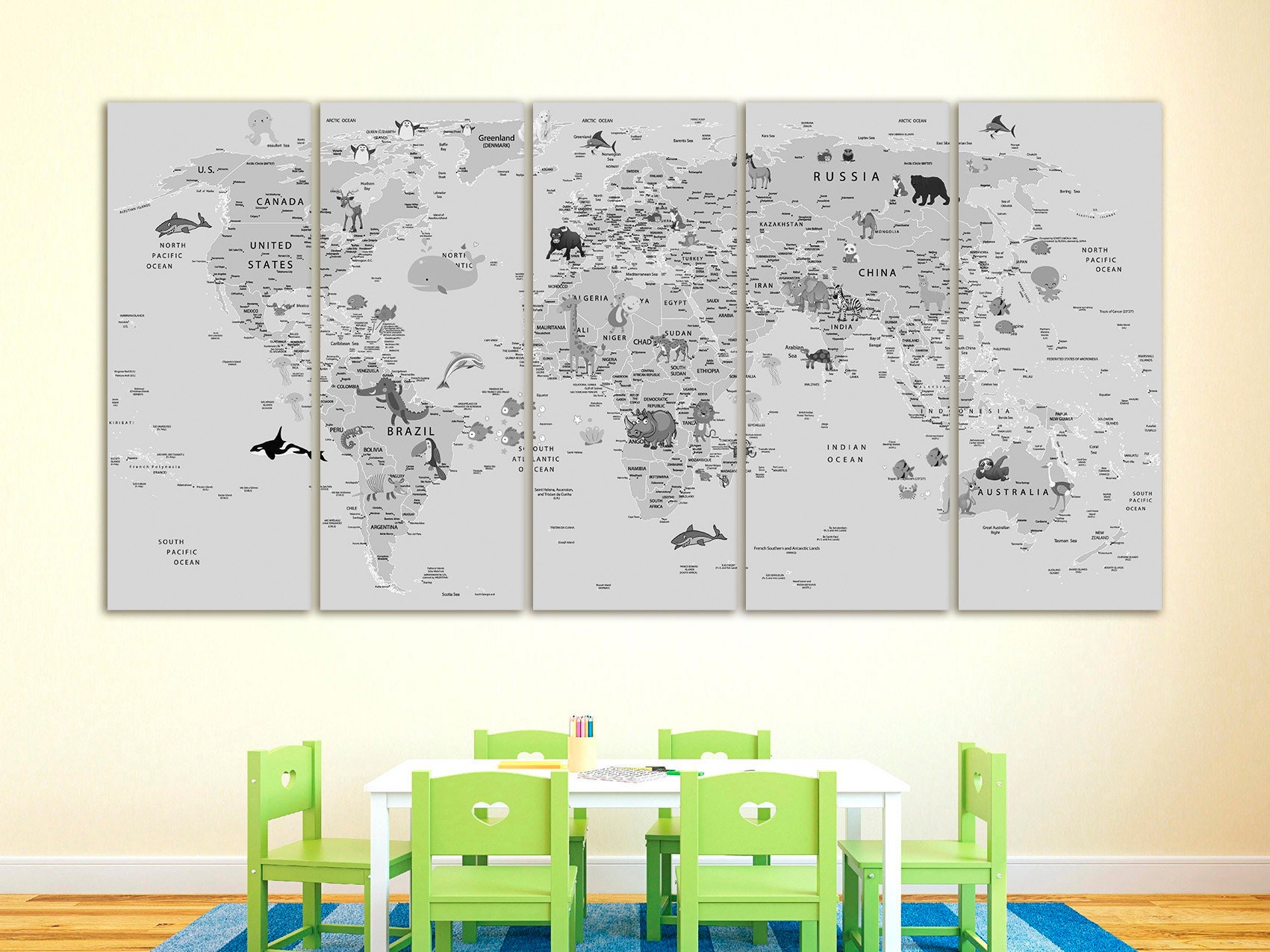 Kids World Map Canvas Animal World Map Decor Nursery World Map Art ...