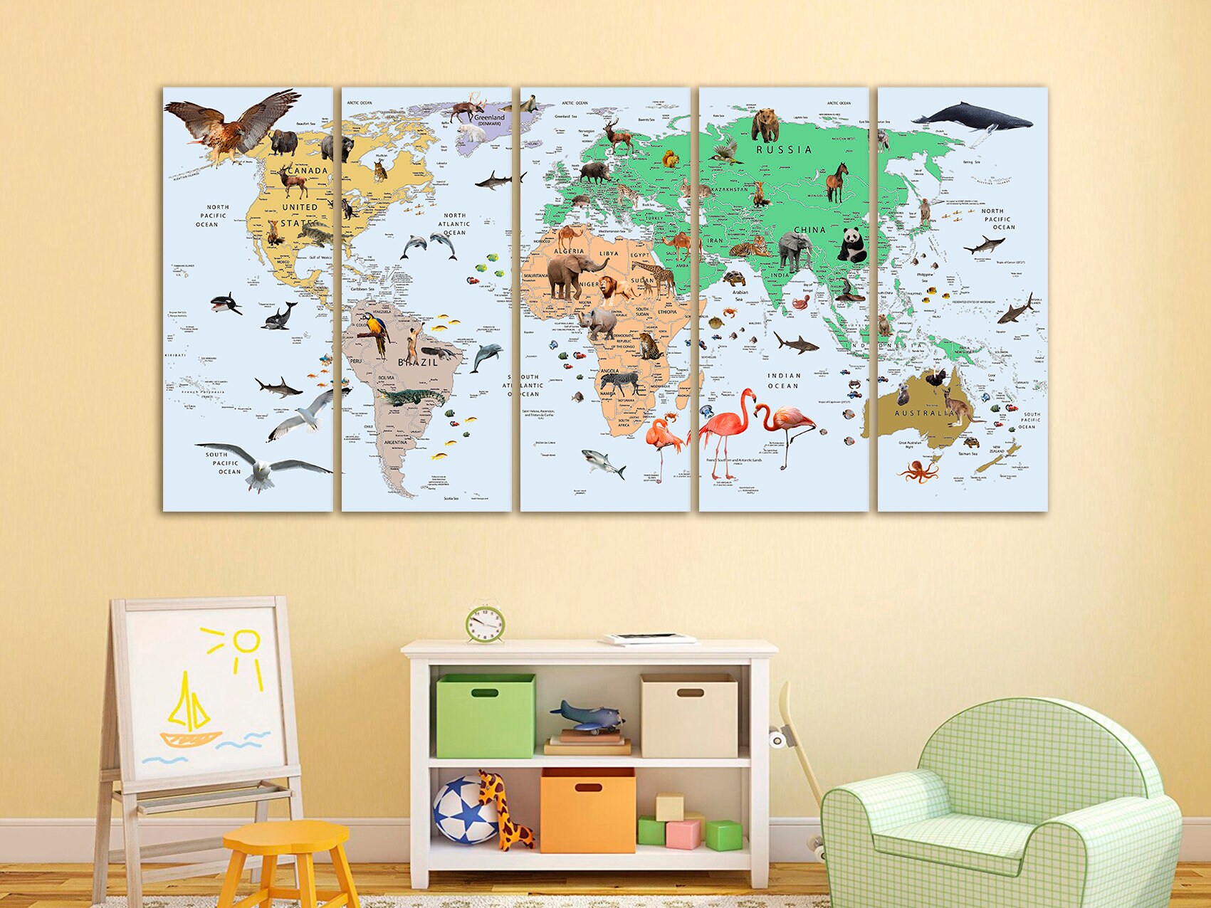 Kids World Map Canvas Animal World Map Decor Nursery World Map Art ...