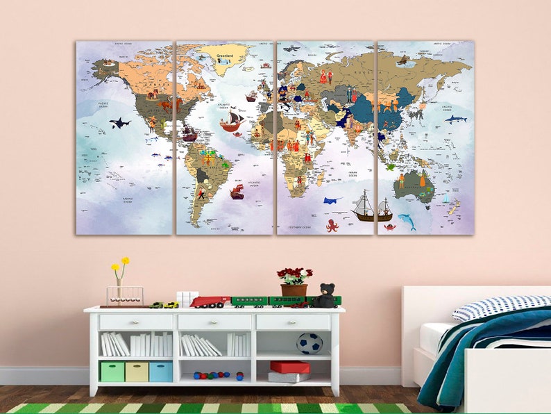 Colorful World Map Canvas Decor Kids Room Decor Nursery Wall Art Map of ...