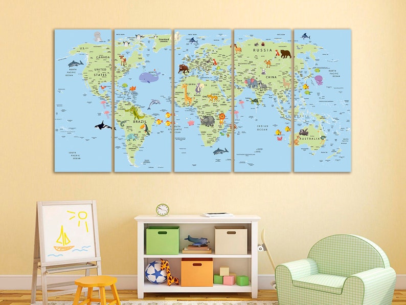 Kids World Map Canvas Animal World Map Decor Nursery World Map Art ...