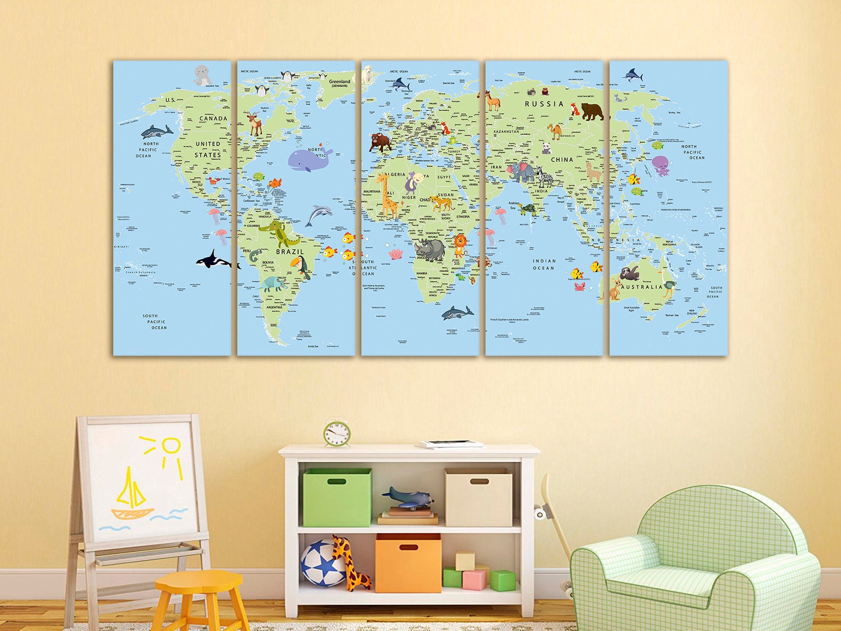 Kids World Map Canvas Animal World Map Decor Nursery World Map Art ...