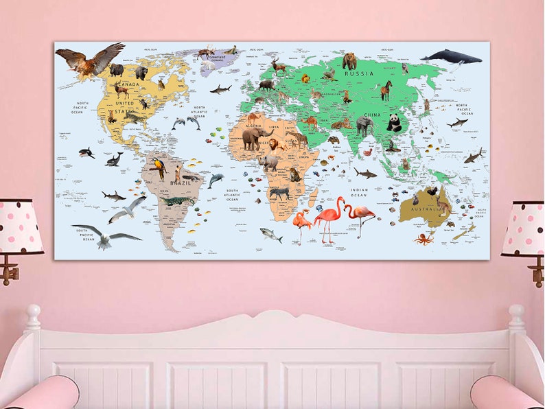 Kids World Map Canvas Animal World Map Decor Nursery World Map Art ...