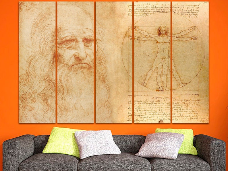 May include: A multi-panel canvas print featuring a sepia-toned drawing of Leonardo da Vinci's Vitruvian Man, a study of human proportions, and a close-up of da Vinci's self-portrait.