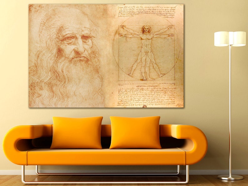 May include: A vintage drawing of a man's face with a long beard, and a drawing of a man in a circle with outstretched arms and legs. The drawing is on a beige background.
