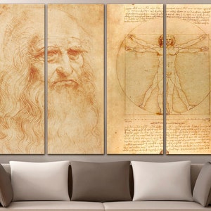 May include: A split-panel canvas print featuring a sepia-toned drawing of Leonardo da Vinci's self-portrait on the left and a detailed drawing of Vitruvian Man on the right.