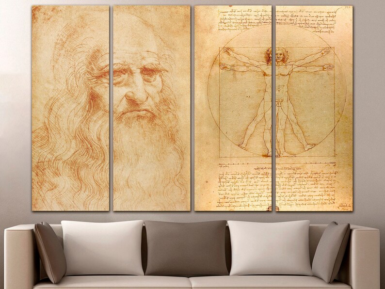 May include: A split-panel canvas print featuring a sepia-toned drawing of Leonardo da Vinci's self-portrait on the left and a detailed drawing of Vitruvian Man on the right.