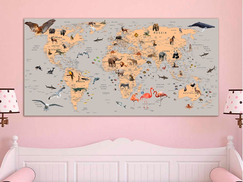 Kids World Map Canvas Animal World Map Decor Nursery World Map Etsy