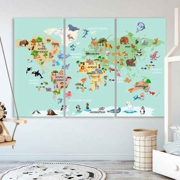 Nursery World Map Canvas Playroom map decor Kids Room Childrens map art Kid bedroom print Animal art Travel canvas Large world map
