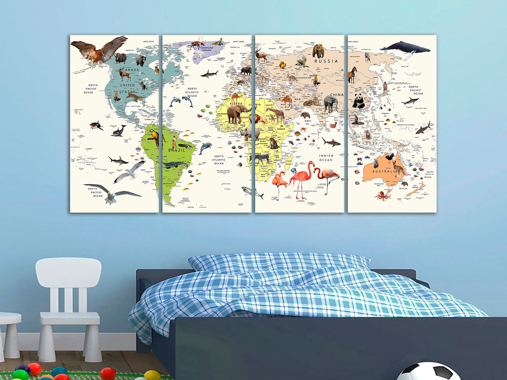 Kids World Map Canvas Animal World Map Decor Nursery World Map Art ...