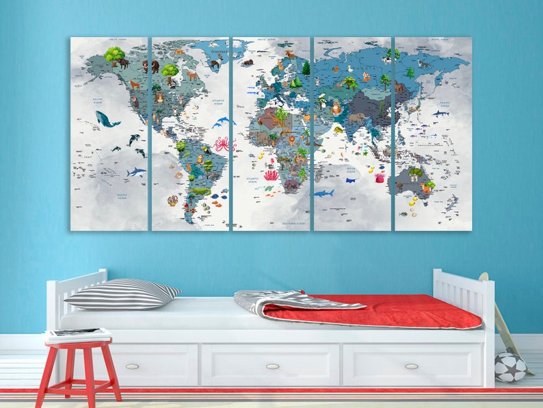 World Map Kids Animal World Map Canvas Nursery Kids Decor Children Art ...