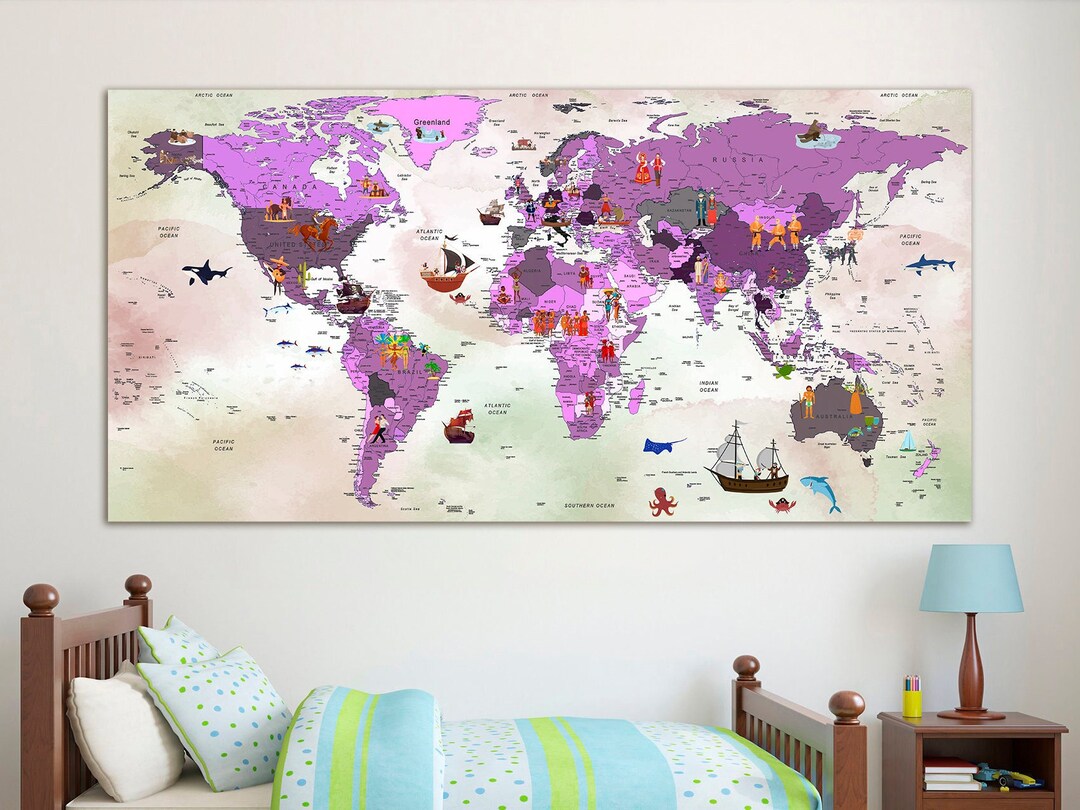 Animal World Map Canvas Print: Kids Nursery Decor - Etsy