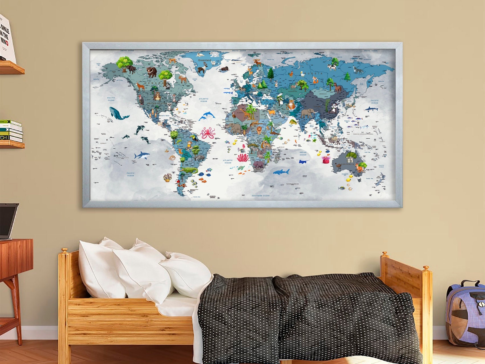 World Map Kids Animal World Map Canvas Nursery Kids Decor Children Art ...