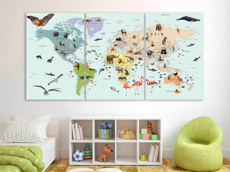 Kids World Map in SPANISH World Map Canvas Mapa Del Mundo En Etsy