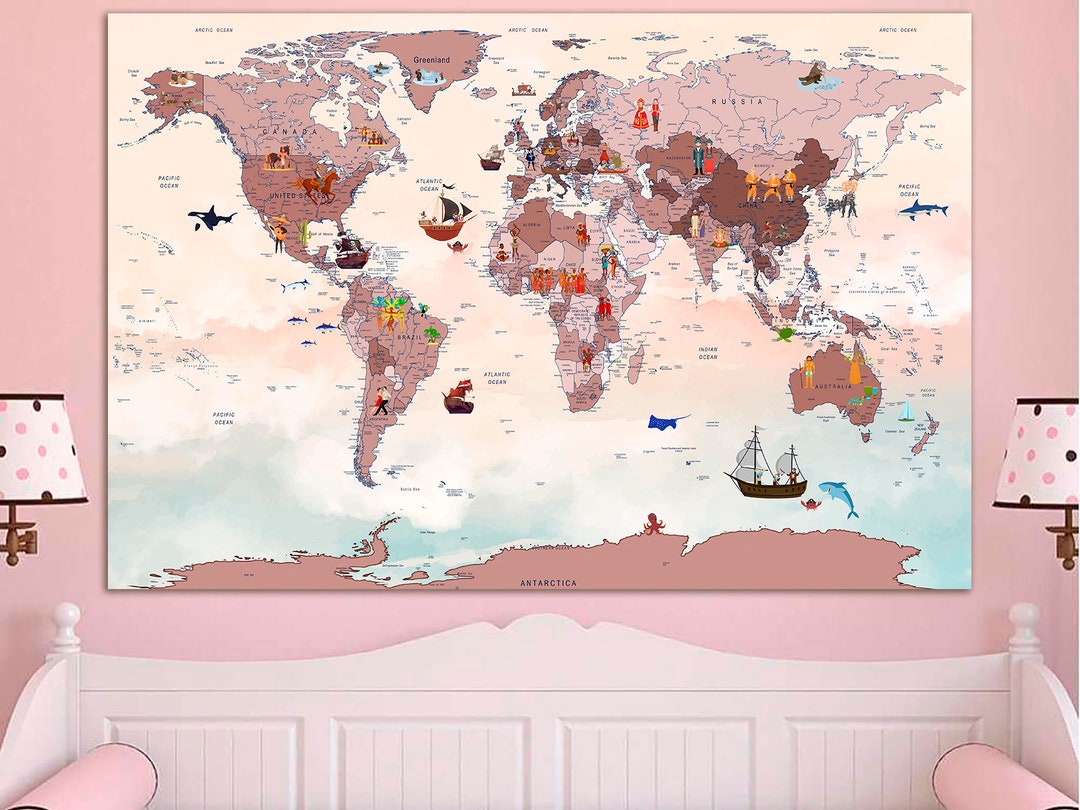 Kids World Map Canvas Nursery World Map Art Playroom World Map Wall ...
