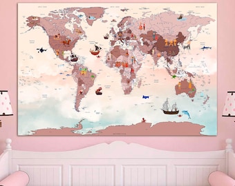 Wereldkaart voor kinderen canvas kinderkamer wereldkaart kunst wereldkaart speelkamer muur decor kinderkaart canvas kunst decor dieren wereldkaart decor reiscanvas