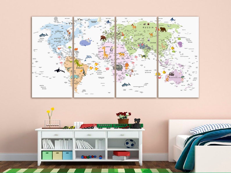 Kids World Map Canvas Animal World Map Decor Nursery World Map Etsy