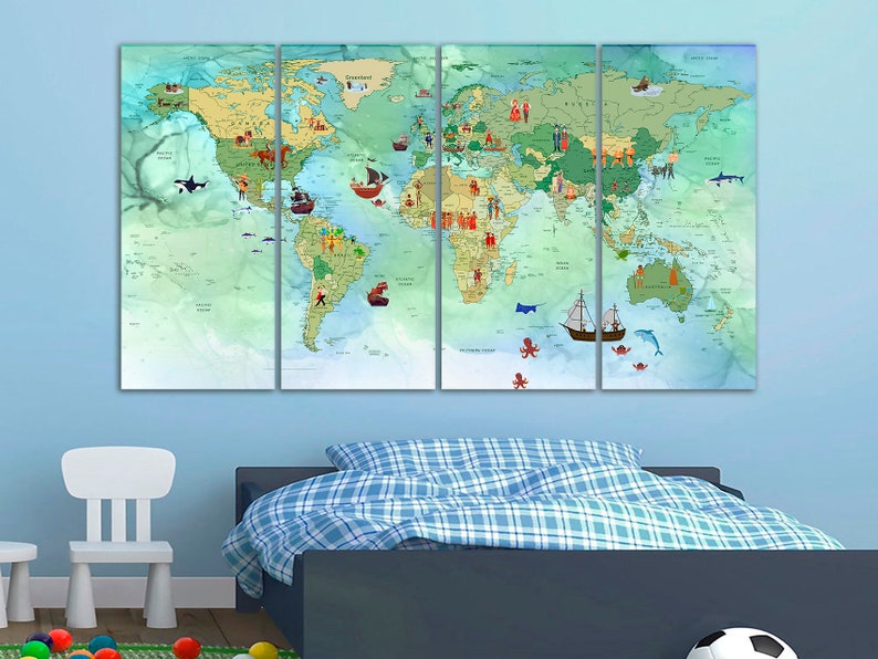 Canvas Kids Map Emerald Green Nursery World Map Kids Room Decor ...
