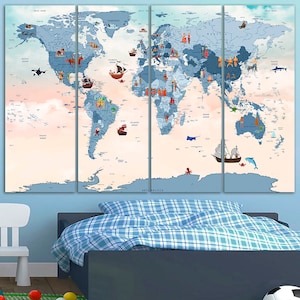 大きな世界地図、子供用世界地図キャンバス、プレイルームマップ、子供用地図、男の子用保育園の装飾、政治世界地図、旅行用キャンバス、教育用ポスター