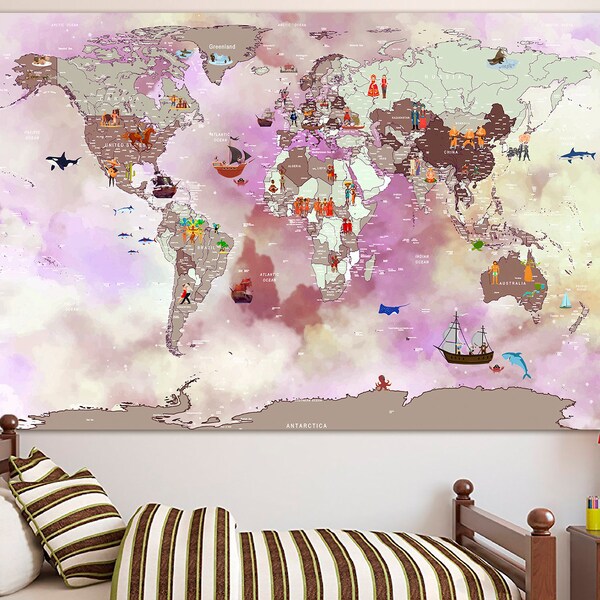 Educational world map Kids wall art Childrens map canvas Boys nursery decor Animal art Travel canvas Unique baby gift Continent art