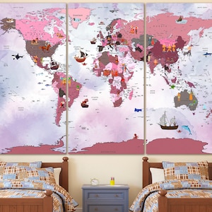 Kinderzimmer Weltkarte Leinwand große Weltkarte Weltkarte Dekor Reise Leinwand Kinderweltkarte Kid Schlafzimmer Druck Kontinent Kunst Nationalität Karte