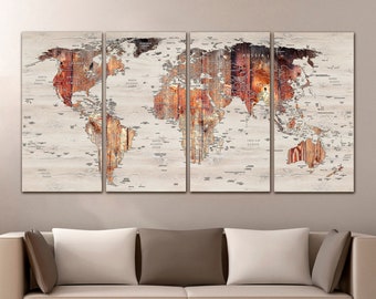 World map canvas Brown world map decor Travel canvas World map push pin Atlas print Continent art Large wall art Large world map Gift poster