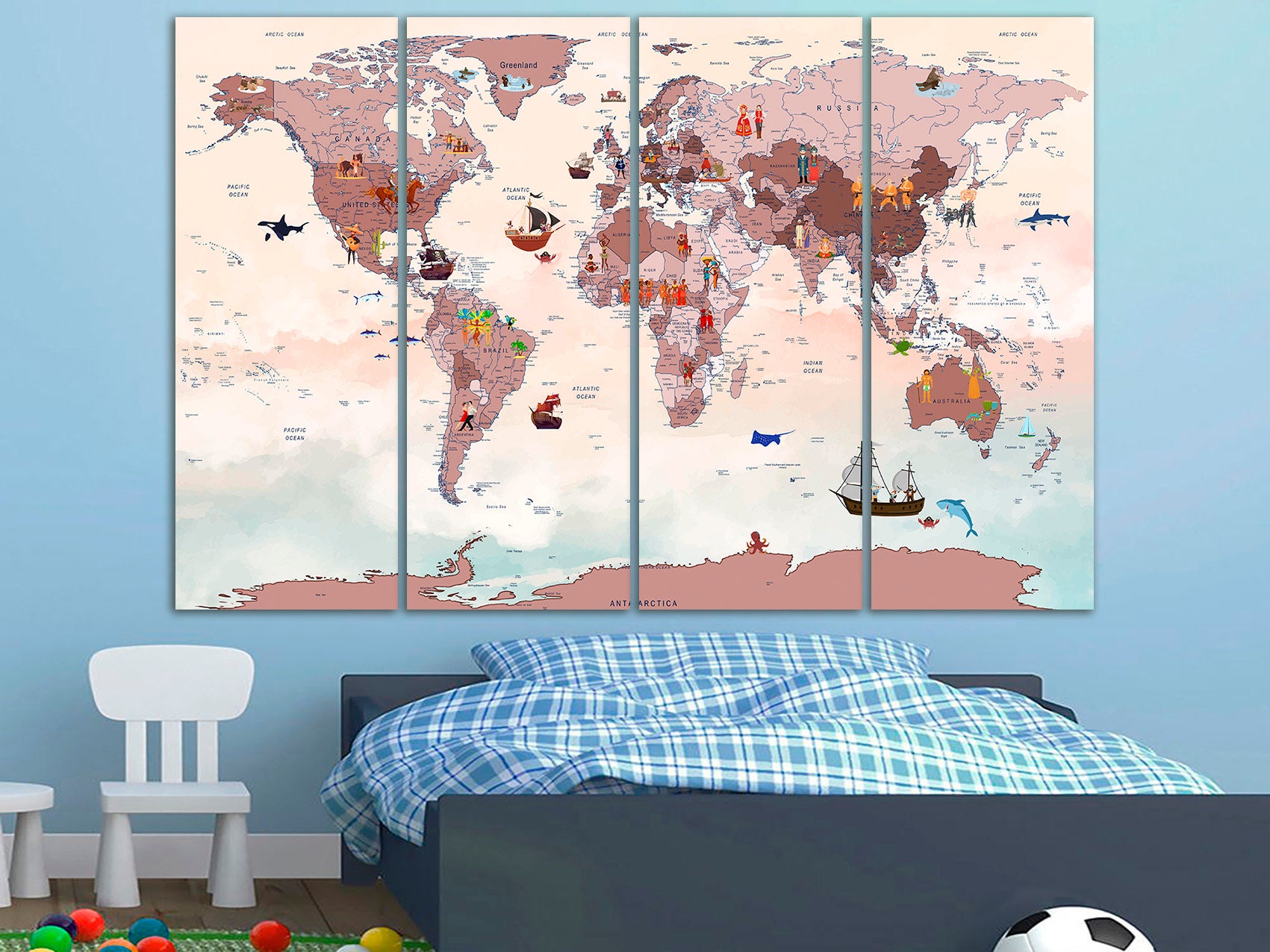 Kids World Map Canvas Nursery World Map Art Playroom World Map Wall ...