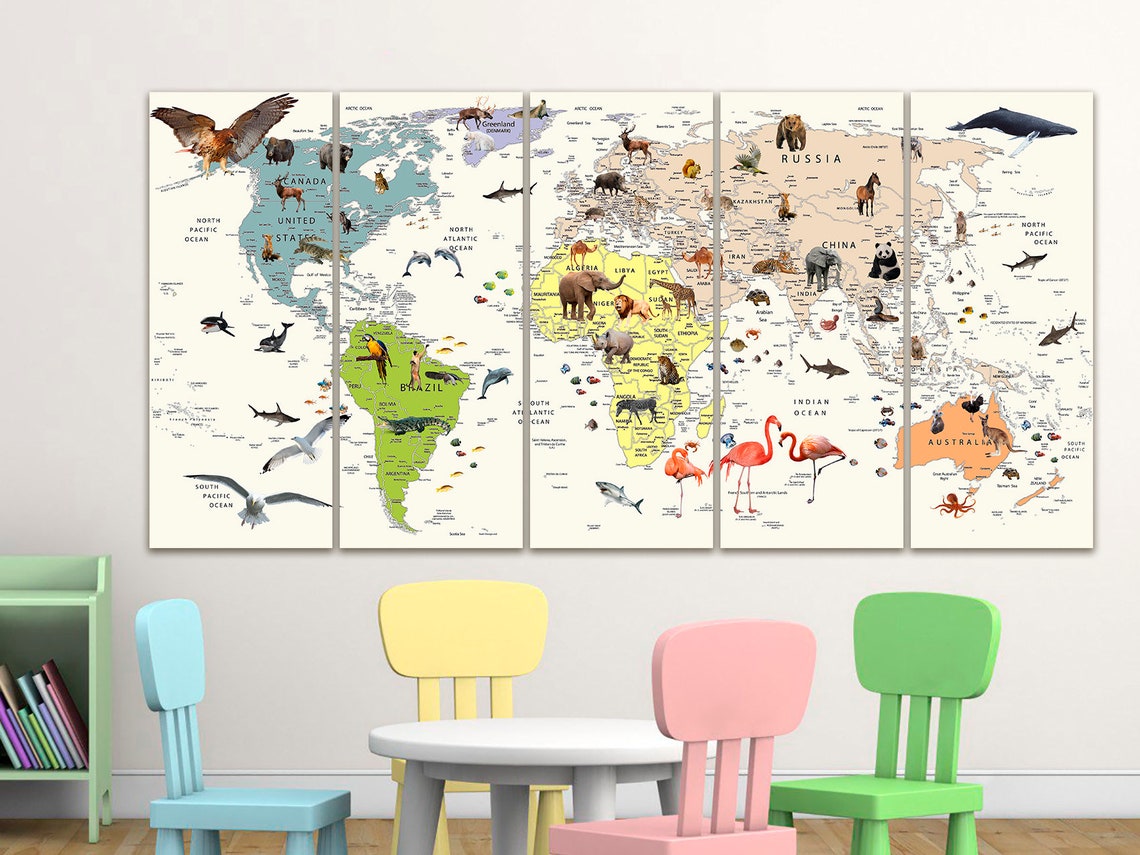 Kids World Map Canvas Animal World Map Decor Nursery World Map Art ...