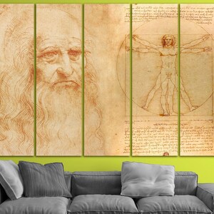 May include: A multi-panel canvas print featuring a sepia-toned drawing of a man's face with a long beard and a detailed anatomical drawing of a man in a circle with geometric shapes.