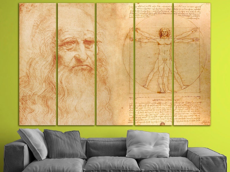 May include: A multi-panel canvas print featuring a sepia-toned drawing of a man's face with a long beard and a detailed anatomical drawing of a man in a circle with geometric shapes.