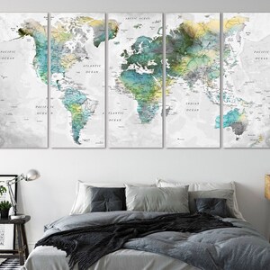 Mapa del mundo Arte de la pared Del hogar Decoración de la pared Lienzo Push Pin Wall Travel Map Gris Verde Mapa del mundo Decoración moderna de la pared para la sala de estar Dormitorio Oficina