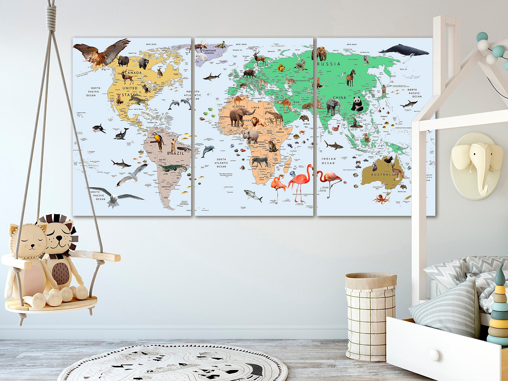 Kids World Map Canvas Animal World Map Decor Nursery World Map Art ...