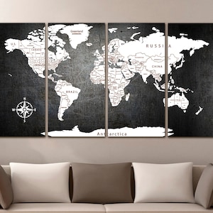 World map canvas Black world map deco World map push pin Atlas print Continent art Travel canvas Large wall Large world map Bisiness gift