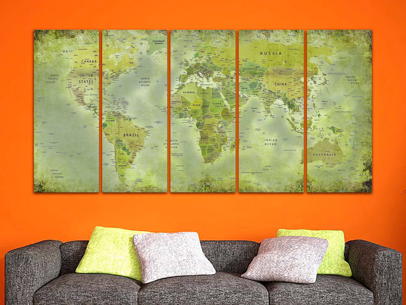 Green World Map Canvas World Map Decor World Map Push Pin Etsy