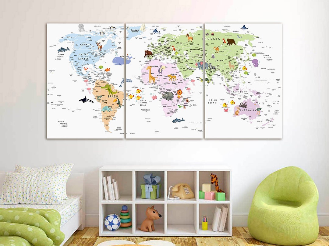 Kids World Map Canvas Animal World Map Decor Nursery World Map Art ...