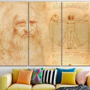 May include: A vintage-style print of a man's face with a long beard and a drawing of a man in a circle with outstretched arms. The drawing is in a Renaissance style.