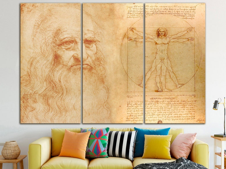 May include: A vintage-style print of a man's face with a long beard and a drawing of a man in a circle with outstretched arms. The drawing is in a Renaissance style.