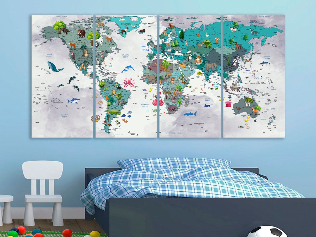 Animal World Map Canvas Print: Educational Nursery Decor - Etsy