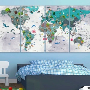 Animal World Map Print Canvas Map Wall Art Educatieve Print Baby Decor Kwekerij Kaart Kinderkamer Kinderkamer Decor Speelkamer Print