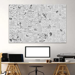 May include: A large white canvas features a complex array of mathematical equations, diagrams, and symbols in black. Below, a desk holds a computer, laptop, speakers, headphones, and a keyboard. A guitar leans against the desk.